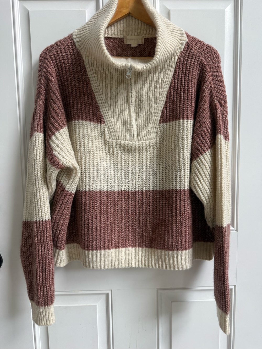 Altar’d State Striped Half-Zip Turtleneck Cropped Sweater in Cream Mauve